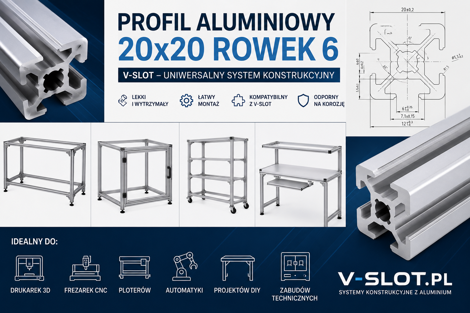 Profil aluminiowy 20x20 rowek 6 – V-Slot do CNC, drukarek 3D i konstrukcji | V-SLOT